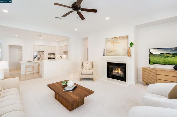 Fireplace, Interior, Kitchen, Living room, Recessed Lighting, Stainless Steel Appliances