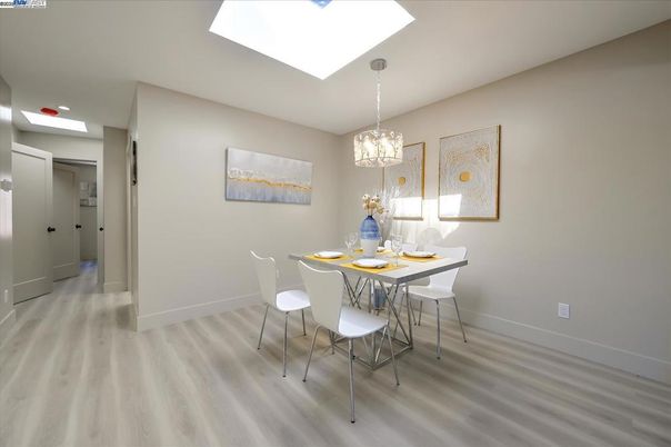 Dining room, Interior, Pendant Lights, Wood Texture Flooring