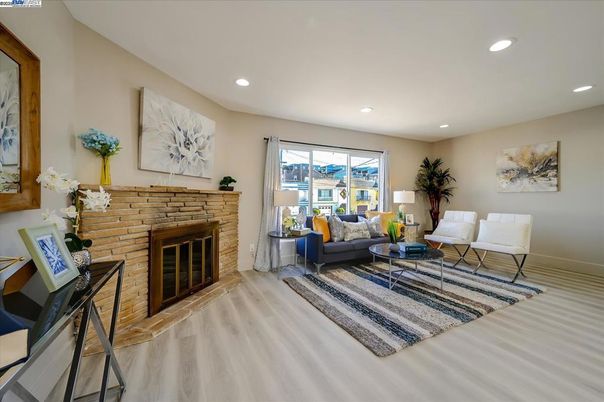 Fireplace, Interior, Living room, Recessed Lighting, Wood Texture Flooring