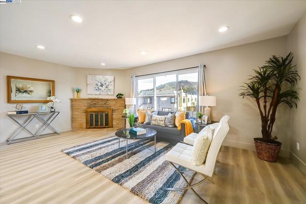 Fireplace, Interior, Living room, Recessed Lighting, Wood Texture Flooring