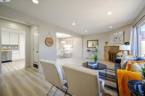 Dining room, Fireplace, Interior, Kitchen, Living room, Recessed Lighting, Wood Texture Flooring