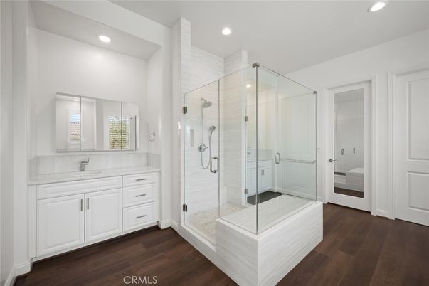 Bathroom, Glass Shower, Interior, Recessed Lighting, Wood Texture Flooring
