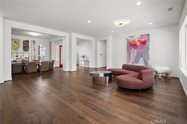 Dining room, Interior, Living room, Recessed Lighting, Wood Texture Flooring