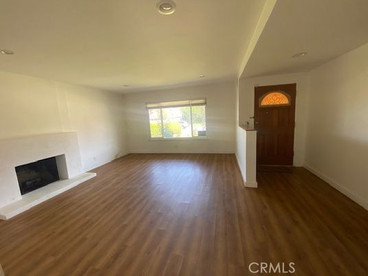 Empty room, Fireplace, Interior, Recessed Lighting, Wood Texture Flooring