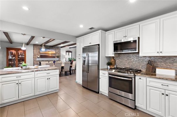 Dining room, Interior, Kitchen, Pendant Lights, Recessed Lighting, Stainless Steel Appliances, Stone Walls, Wooden Beams