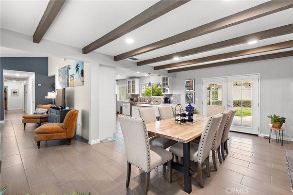 Dining room, Interior, Kitchen, Recessed Lighting, Wooden Beams, Wood Texture Flooring