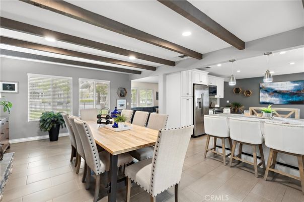 Dining room, Interior, Kitchen, Pendant Lights, Recessed Lighting, Stainless Steel Appliances, Wooden Beams