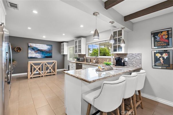 Interior, Kitchen, Pendant Lights, Recessed Lighting, Stainless Steel Appliances, Wooden Beams, Wood Texture Flooring
