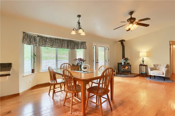 Dining room, Fireplace, Interior, Wood Texture Flooring