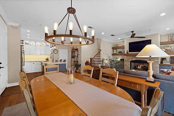 Chandelier, Dining room, Fireplace, Interior, Kitchen, Living room, Pendant Lights, Recessed Lighting, Wood Texture Flooring