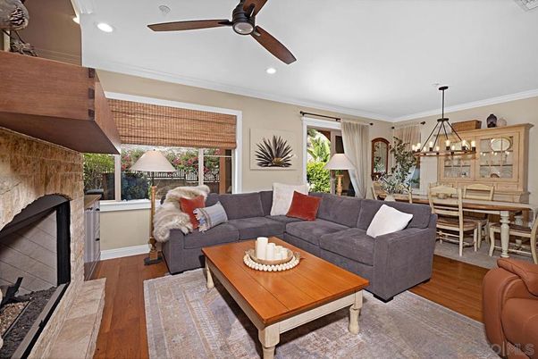 Chandelier, Dining room, Fireplace, Interior, Living room, Recessed Lighting, Wood Texture Flooring