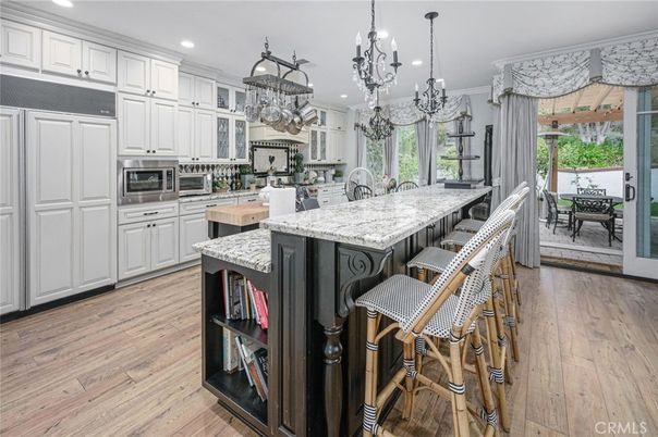 Chandelier, Interior, Kitchen, Recessed Lighting, Stainless Steel Appliances, Wood Texture Flooring