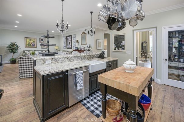 Chandelier, Interior, Kitchen, Pendant Lights, Recessed Lighting, Wood Texture Flooring