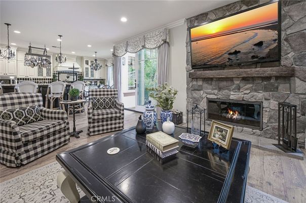 Fireplace, Interior, Kitchen, Living room, Pendant Lights, Recessed Lighting, Wood Texture Flooring
