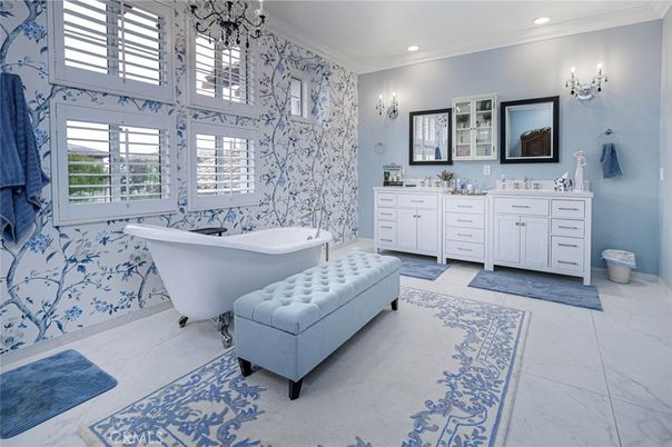 Bathroom, Dual Sink Vanities, Free Standing Baths, Interior, Marble, Recessed Lighting