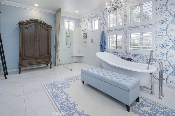 Bathroom, Glass Shower, Interior, Marble, Marble Walls, Recessed Lighting