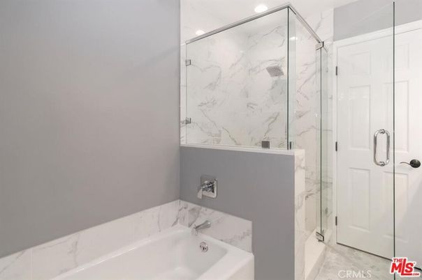 Bathroom, Glass Shower, Interior, Marble Walls, Recessed Lighting