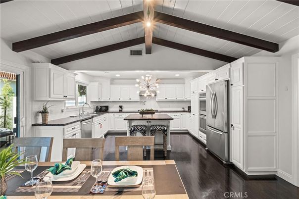 Interior, Kitchen, Pendant Lights, Recessed Lighting, Stainless Steel Appliances, Wooden Beams, Wood Texture Flooring