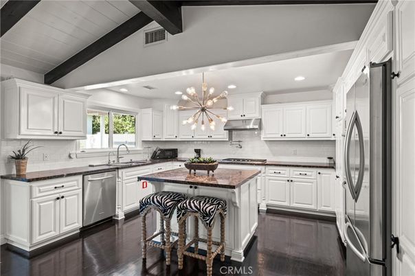 Interior, Kitchen, Pendant Lights, Recessed Lighting, Stainless Steel Appliances, Wooden Beams, Wood Texture Flooring