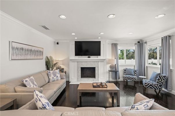 Fireplace, Interior, Living room, Recessed Lighting, Wood Texture Flooring
