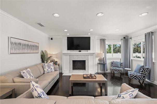 Fireplace, Interior, Living room, Recessed Lighting, Wood Texture Flooring