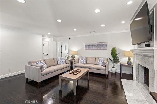Fireplace, Interior, Living room, Recessed Lighting, Wood Texture Flooring