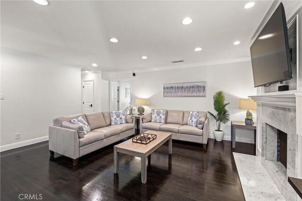 Fireplace, Interior, Living room, Recessed Lighting, Wood Texture Flooring