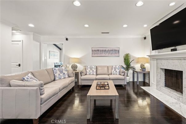Fireplace, Interior, Living room, Recessed Lighting, Wood Texture Flooring