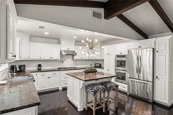 Interior, Kitchen, Pendant Lights, Recessed Lighting, Stainless Steel Appliances, Wooden Beams, Wood Texture Flooring