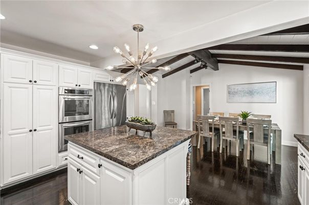 Dining room, Interior, Kitchen, Pendant Lights, Recessed Lighting, Stainless Steel Appliances, Wooden Beams, Wood Texture Flooring