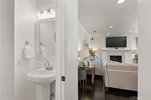 Bathroom, Fireplace, Interior, Living room, Recessed Lighting, Wood Texture Flooring
