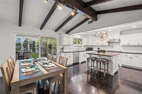 Dining room, Interior, Kitchen, Pendant Lights, Recessed Lighting, Stainless Steel Appliances, Wooden Beams, Wood Texture Flooring