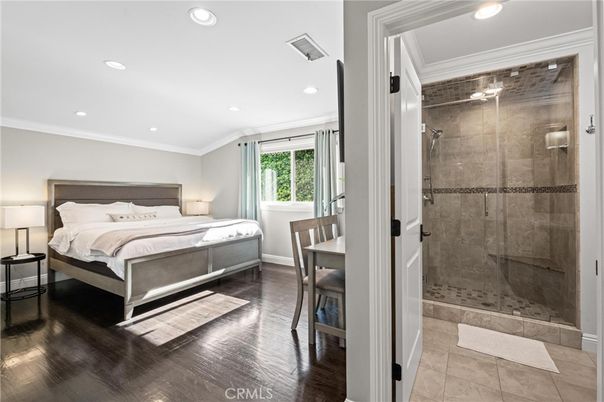 Bathroom, Bedroom, Glass Shower, Interior, Recessed Lighting, Wood Texture Flooring