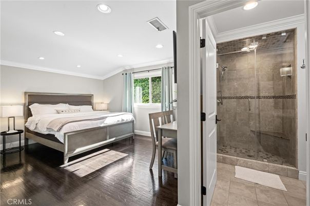 Bathroom, Bedroom, Glass Shower, Interior, Recessed Lighting, Wood Texture Flooring