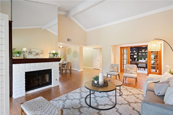 Dining room, Fireplace, Interior, Living room, Wood Texture Flooring