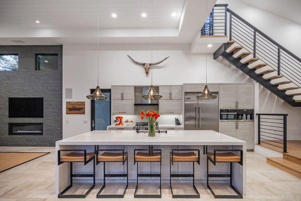 Fireplace, Interior, Kitchen, Pendant Lights, Recessed Lighting, Stainless Steel Appliances