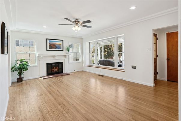 Empty room, Fireplace, Interior, Recessed Lighting, Wood Texture Flooring