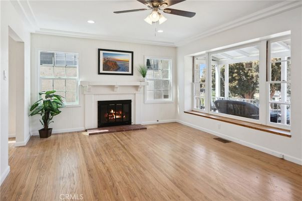 Empty room, Fireplace, Interior, Recessed Lighting, Wood Texture Flooring