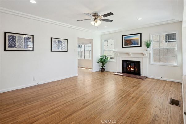 Empty room, Fireplace, Interior, Recessed Lighting, Wood Texture Flooring