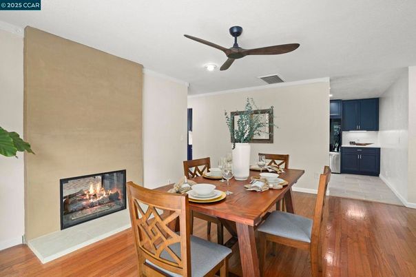 Dining room, Fireplace, Interior, Recessed Lighting, Wood Texture Flooring