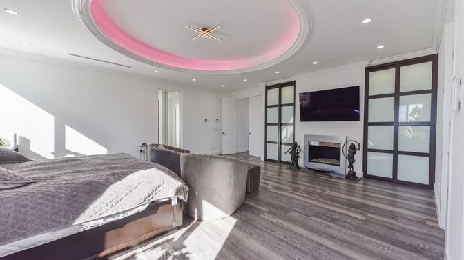 Bedroom, Fireplace, Interior, Recessed Lighting, Wood Texture Flooring