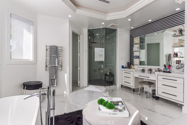 Bathroom, Dual Sink Vanities, Free Standing Baths, Glass Shower, Interior, Marble, Recessed Lighting