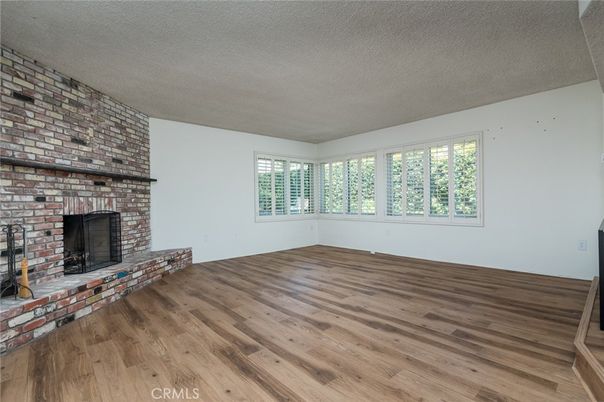 Empty room, Fireplace, Interior, Stone Walls, Wood Texture Flooring