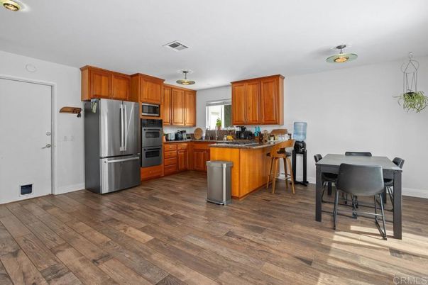 Dining room, Interior, Kitchen, Stainless Steel Appliances, Wood Texture Flooring