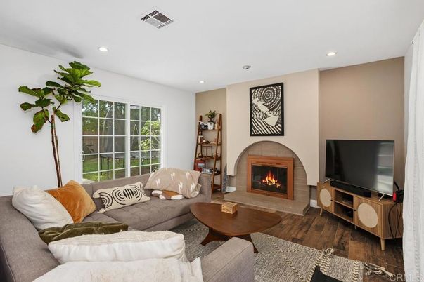 Fireplace, Interior, Living room, Recessed Lighting, Wood Texture Flooring