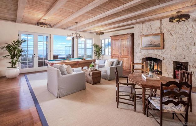 Billiard Table, Dining room, Fireplace, Game Room, Interior, Living room, Pendant Lights, Stone Walls, Wooden Beams, Wooden Ceilings, Wood Texture Flooring