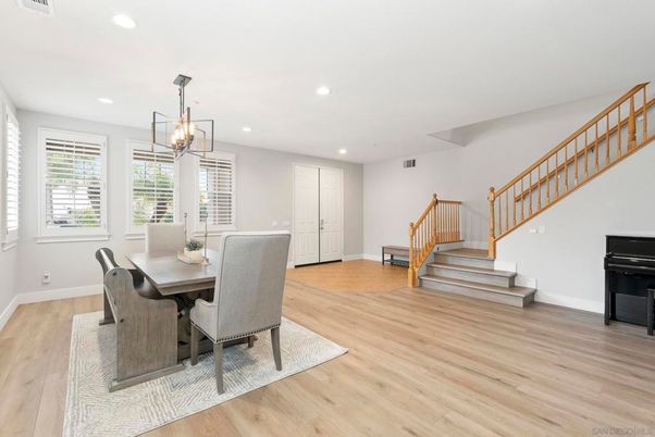 Dining room, Interior, Pendant Lights, Recessed Lighting, Wood Texture Flooring