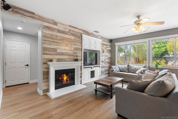 Fireplace, Interior, Living room, Recessed Lighting, Wood Texture Flooring, Wooden Walls