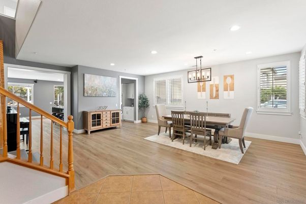 Dining room, Interior, Pendant Lights, Recessed Lighting, Wood Texture Flooring