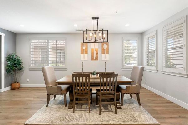 Dining room, Interior, Pendant Lights, Recessed Lighting, Wood Texture Flooring